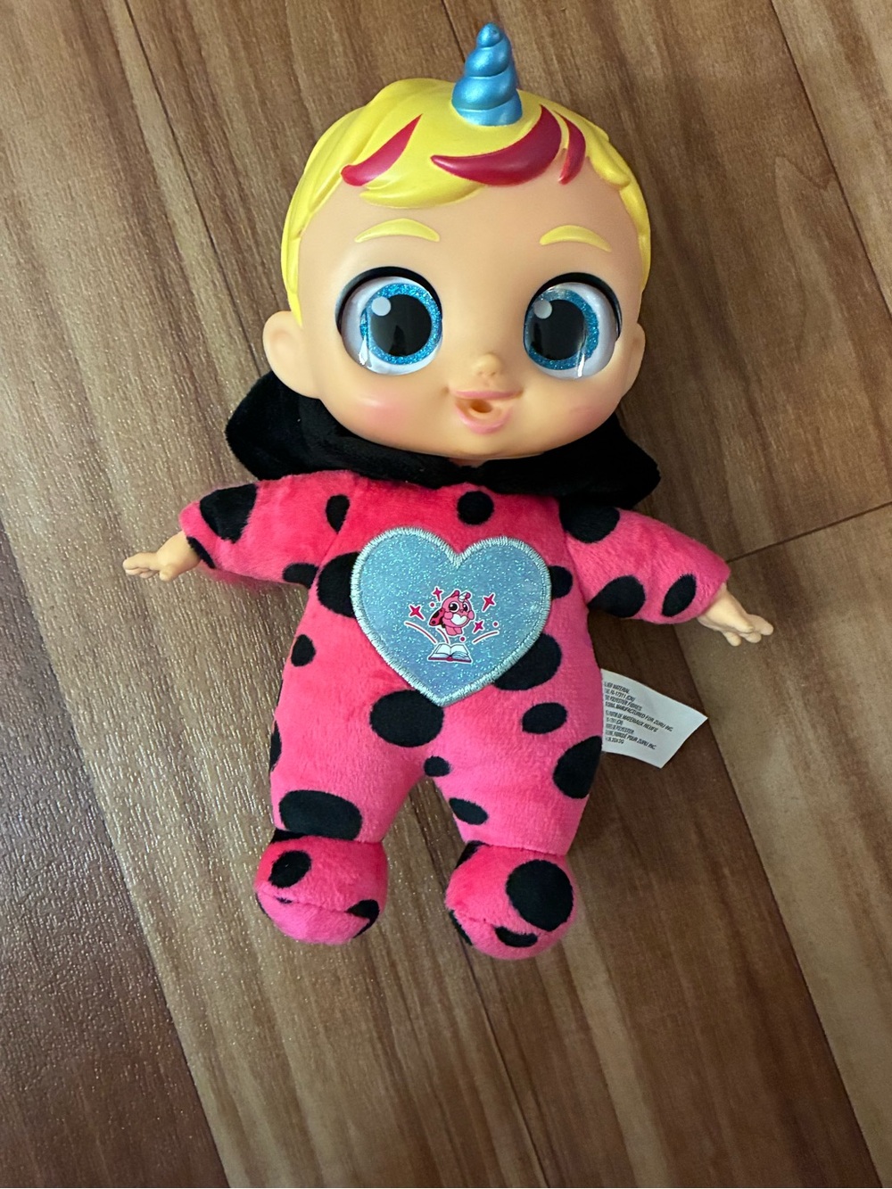 Pink Polka-Dot Unicorn Plush Baby Doll with Blue Horn